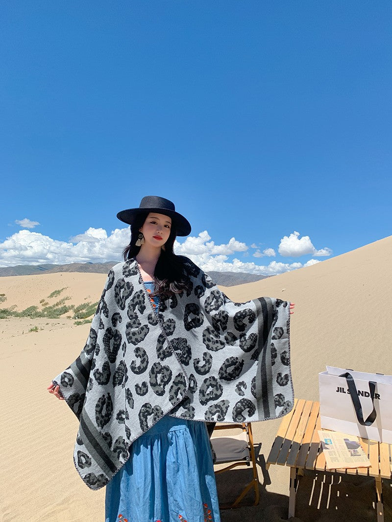 Ethnic Style Cape Coat Shawl Lhasa Scarf Female Leopard Pattern Autumn And Winter Grassland Scarf