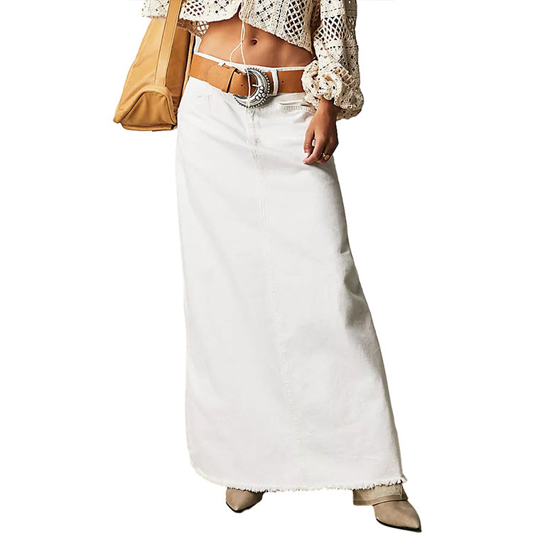 Washed Raw Hem Casual Denim Maxi Skirts