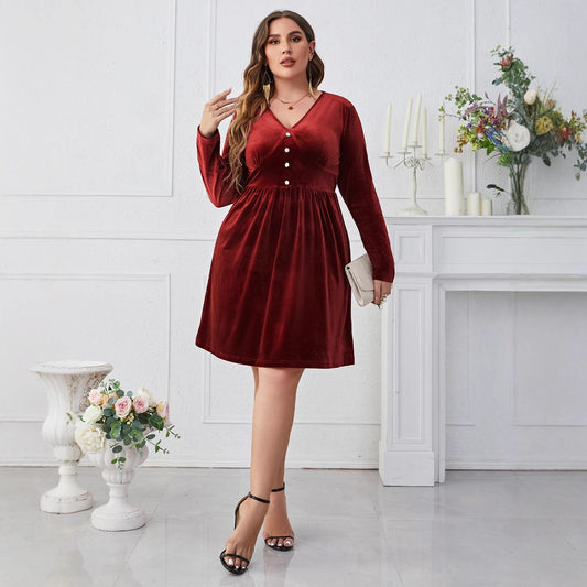 Deep Red V-Neck High-Waist Long Sleeve Midi Dress