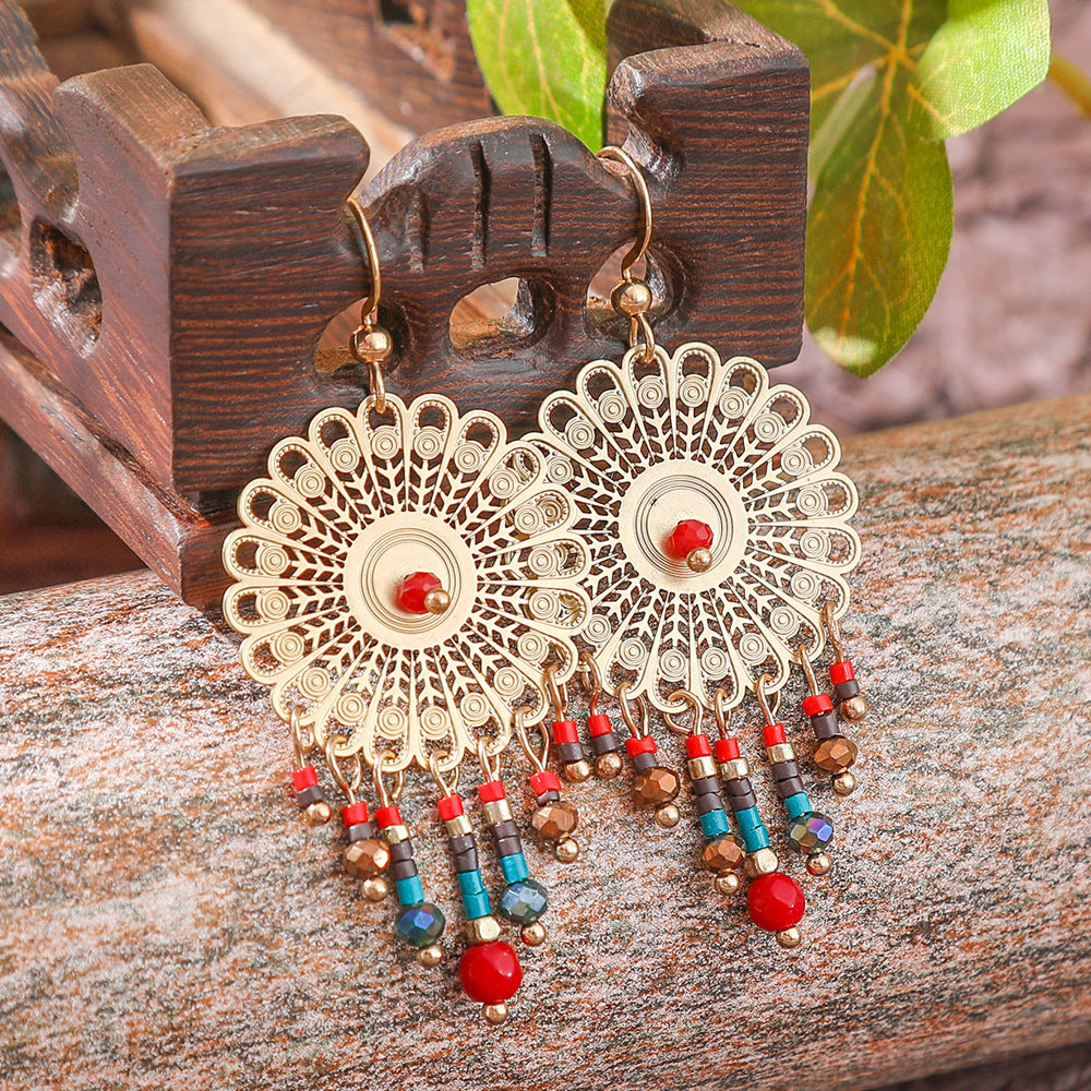 Long Dangle Rose Leaf Earrings Alloy with Beads