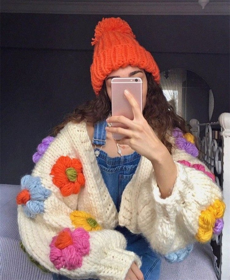 Handmade Three-Dimensional Hook Flower Flower Lantern Sleeve Sweet Loose Lazy Thick Warm Sweater Cardigan Jacket