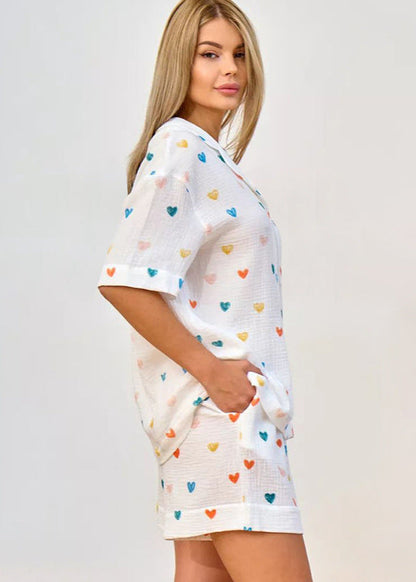 Cotton Gauze Pajama Set With Heart Print