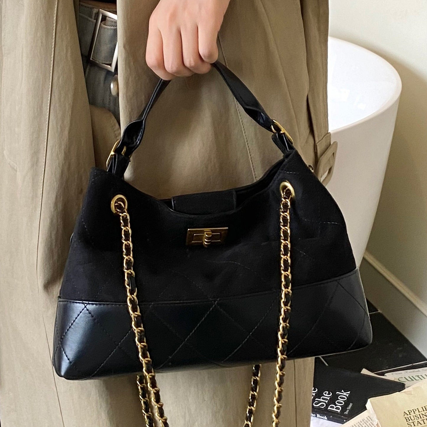 Large Capacity Color Block Retro Suede Shoulder Bag