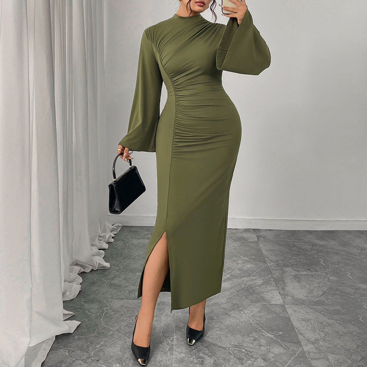 High Waist Solid Color Bodycon Dress With Ruffle Sleeves