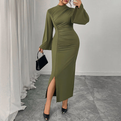 High Waist Solid Color Bodycon Dress With Ruffle Sleeves