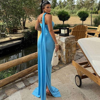 Chic Solid Color Halter Neck Dress With Backless Design