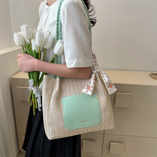 Woven Straw Tote Bag Stylish Casual Large Capacity Shoulder Bag