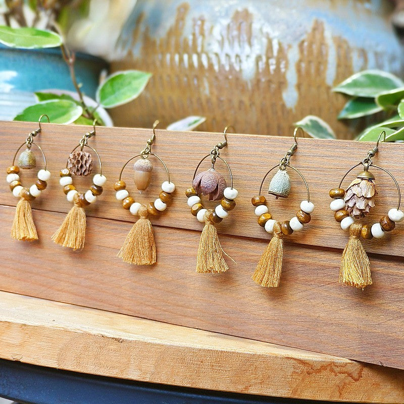 Bohemian Fringe Retro Style Earrings with Wooden Beads