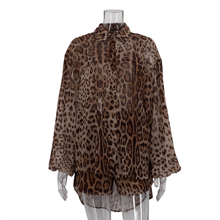 Leopard Print Chiffon Shirt & Shorts Set