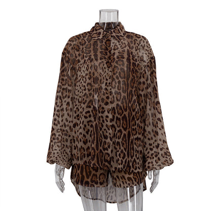 Leopard Print Chiffon Shirt & Shorts Set