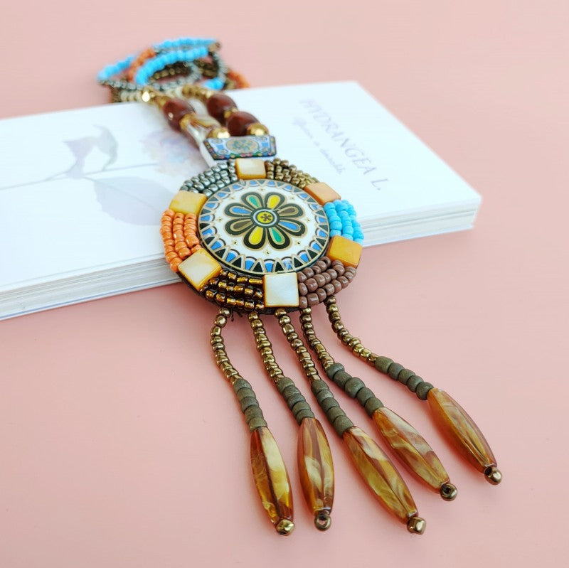 New National Style Sunflower Necklace Sweater Chain Antique Ceramic Jewelry Crafts