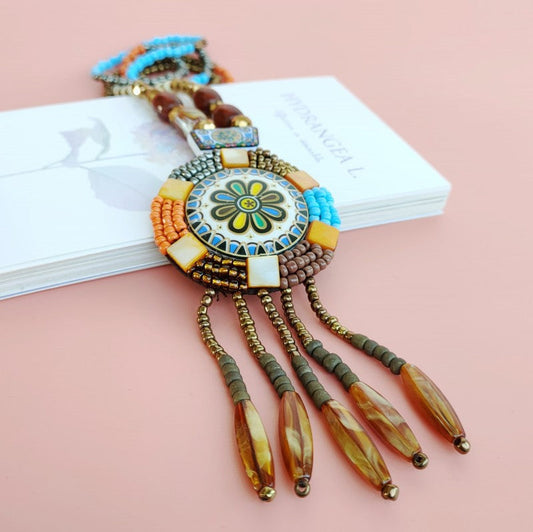 New National Style Sunflower Necklace Sweater Chain Antique Ceramic Jewelry Crafts