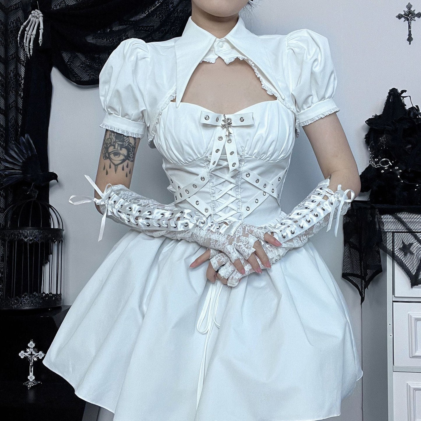 Summer New V-Neck Puff Sleeve Polo Top And A-Line Dress Set