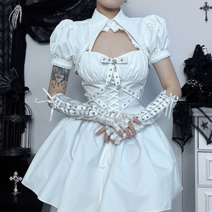 Summer New V-Neck Puff Sleeve Polo Top And A-Line Dress Set