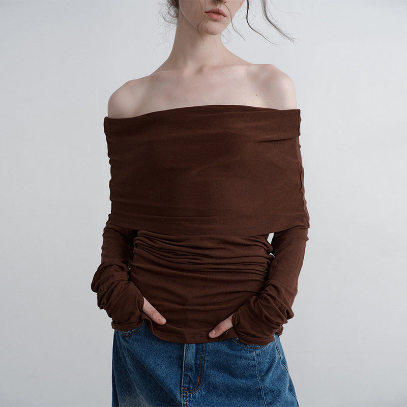 French Off-Shoulder Long Sleeve Top Stylish Knitted T-Shirt