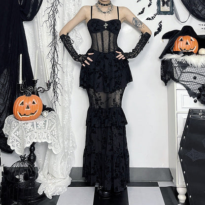 Elegant Black Sheer Maxi Dress with Spaghetti Straps