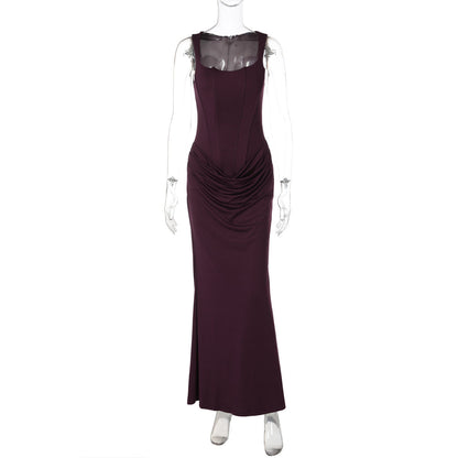 Elegant U-Neck Long Dress with Ruching