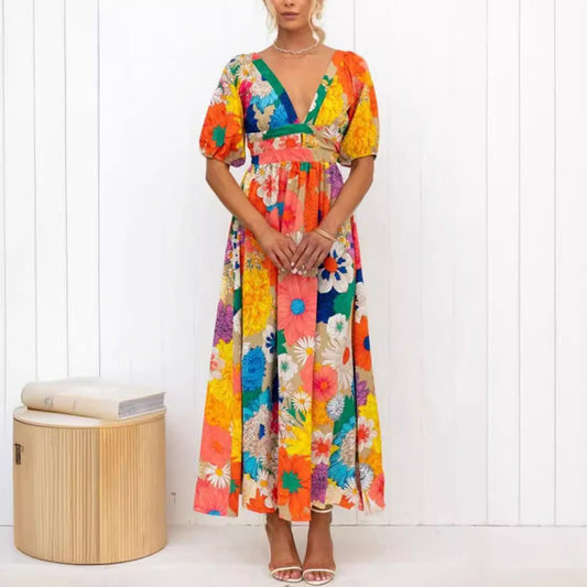 French Floral Puff Sleeve V Neck Maxi Dress