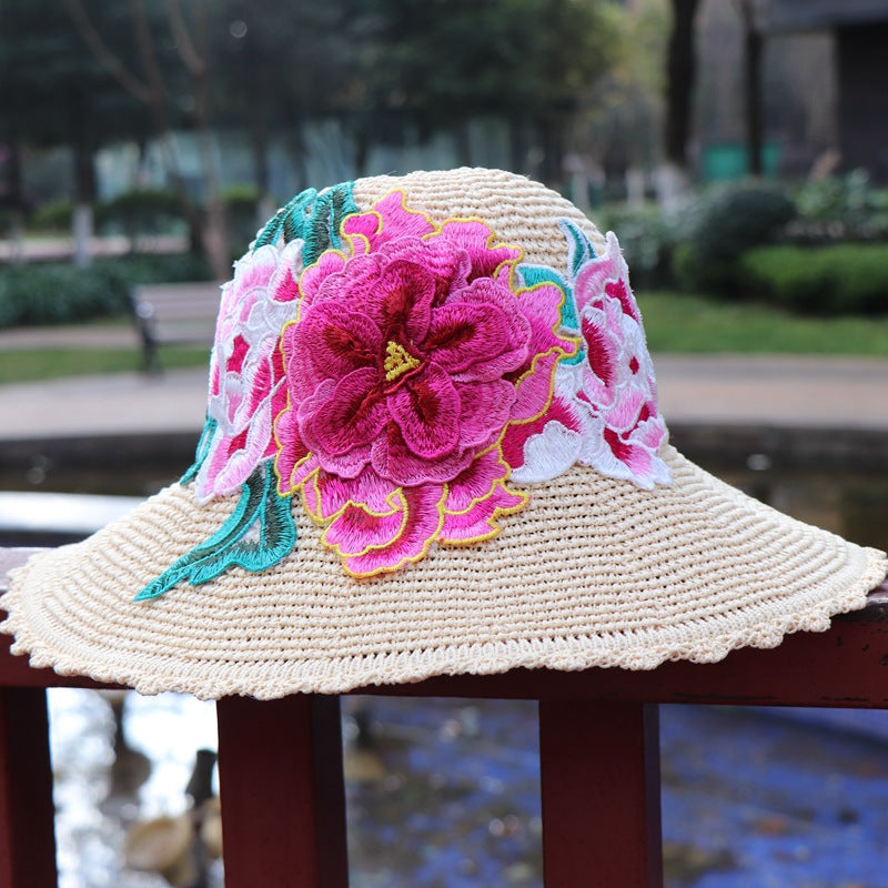 New Ethnic Style Embroidery Big Brim Hat Sun Visor Hat 3D Flower Hat Women'S Embroidery Hat