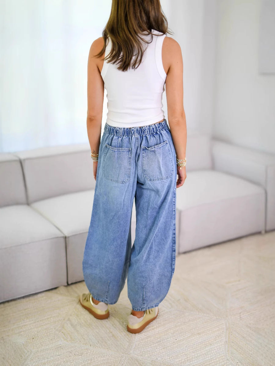 Casual Ladies Denim Pants Medium Waist Multi-Pocket