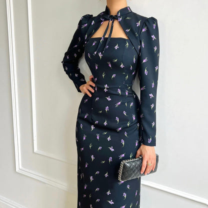 French Style Stand Collar Tie Detail Long Sleeve Bodycon Dress