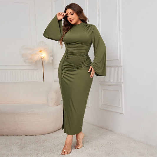 Solid Color High Neck A-Line Maxi Dress with Belt