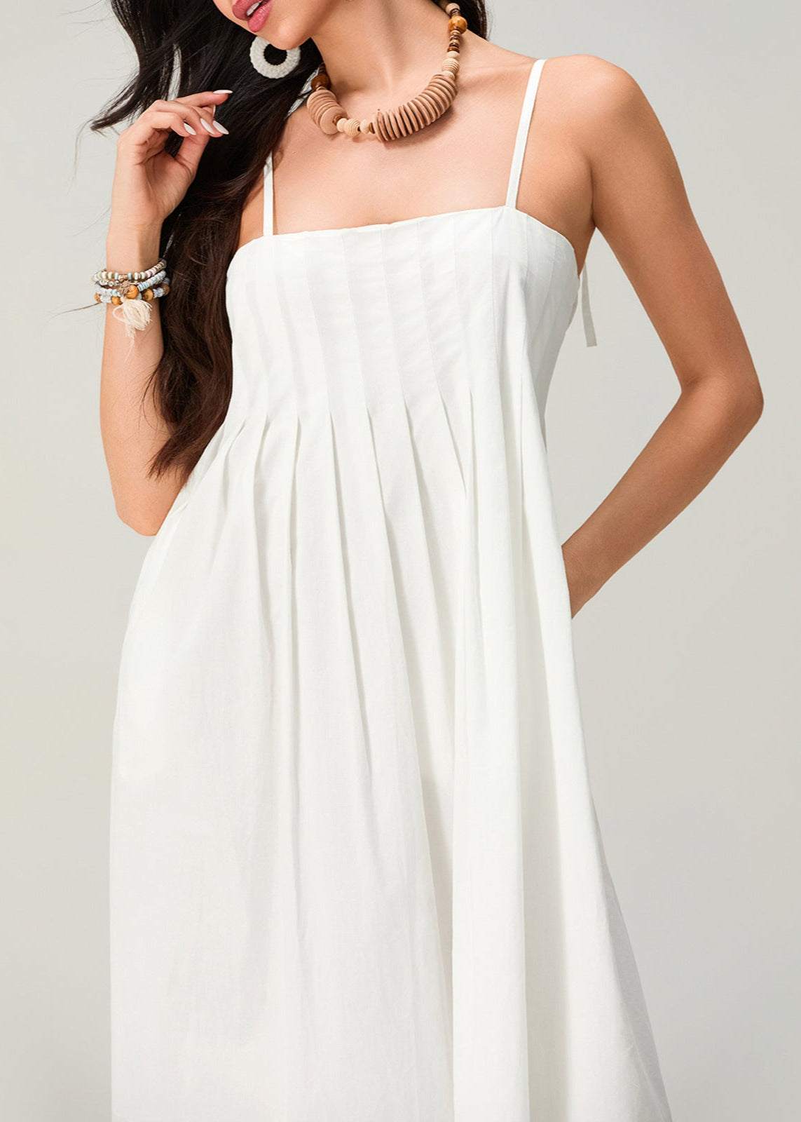 White Linen Cotton Pleated Maxi Sundress