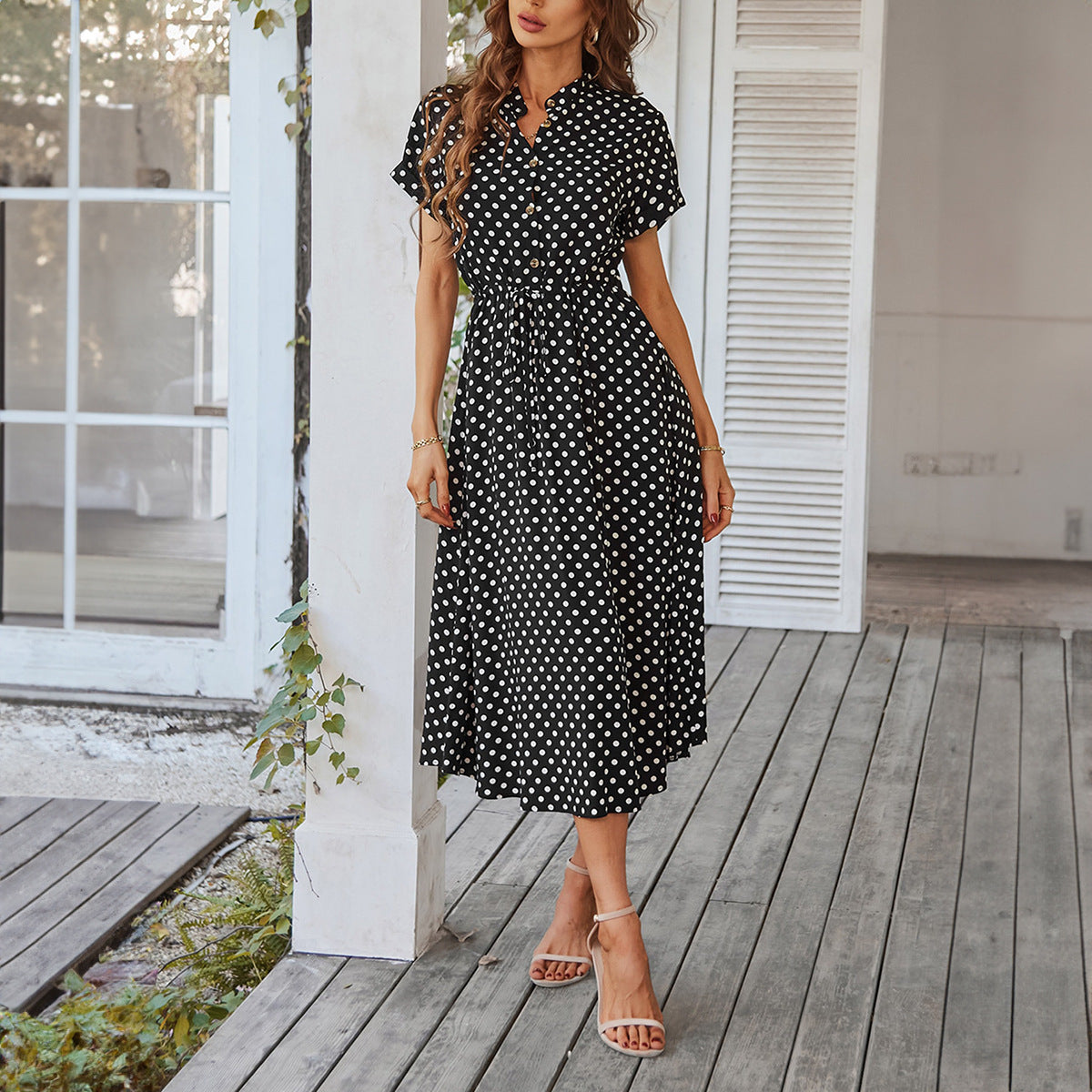 Polka Dot High-Waisted Tie Dress Casual Vacation Look
