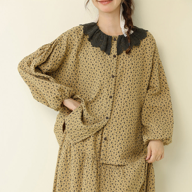 Artistic Vintage Floral Contrast Hem Skirt Casual Loose Set