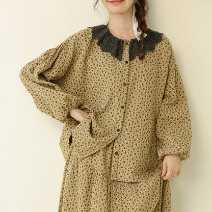 Artistic Vintage Floral Contrast Hem Skirt Casual Loose Set