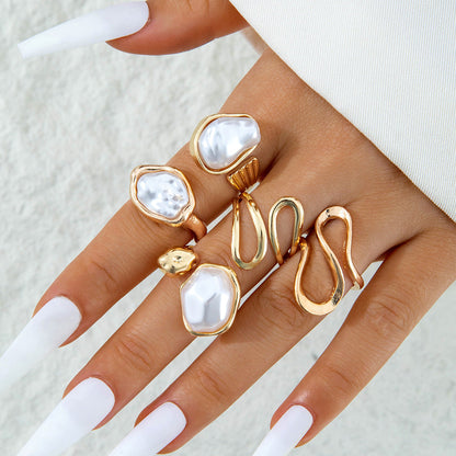 Stylish Geometric Pearl Ring Set Alloy Adjustable Fashion Ring