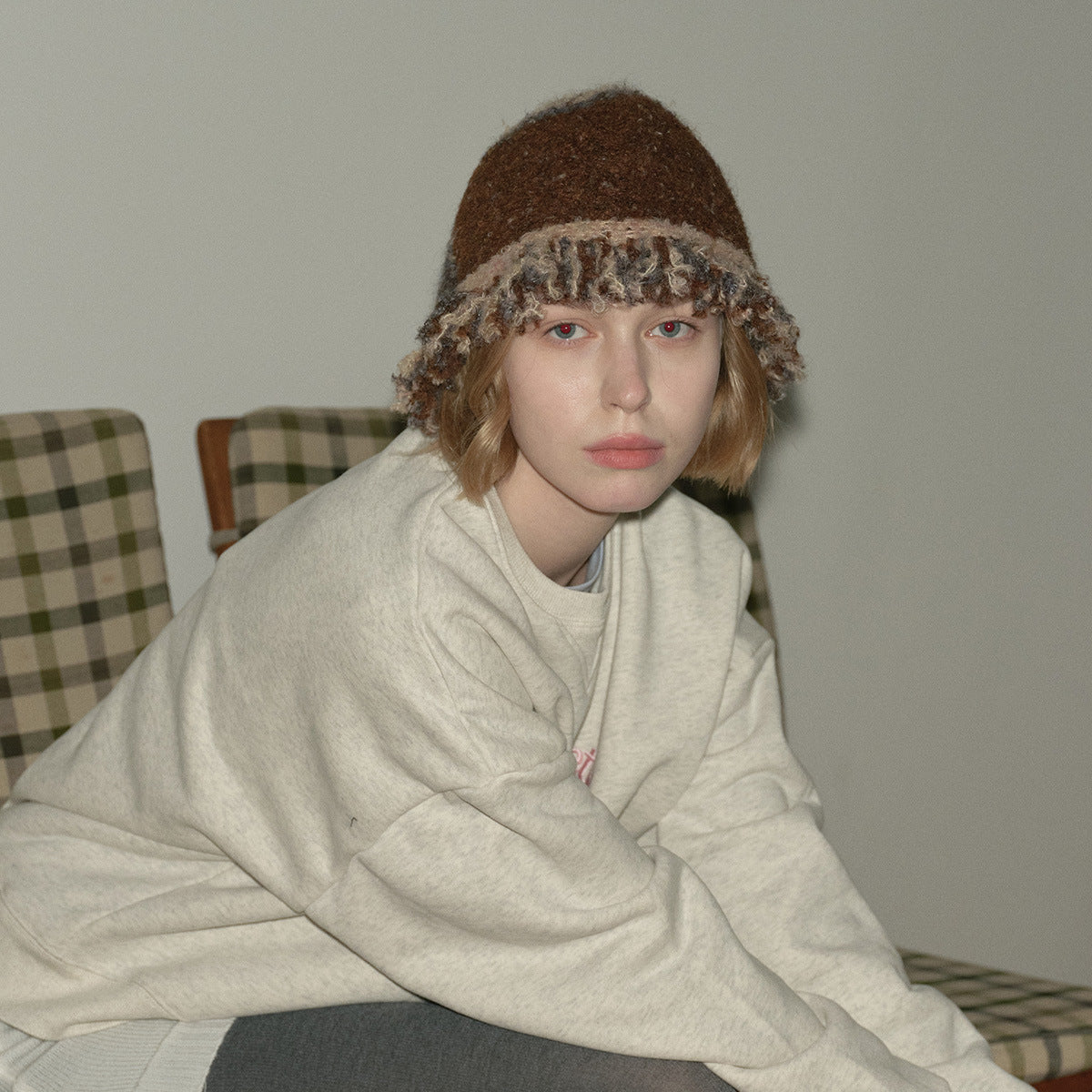 Handmade Wool Blend Color Block Fringe Knitted Beanie Hat