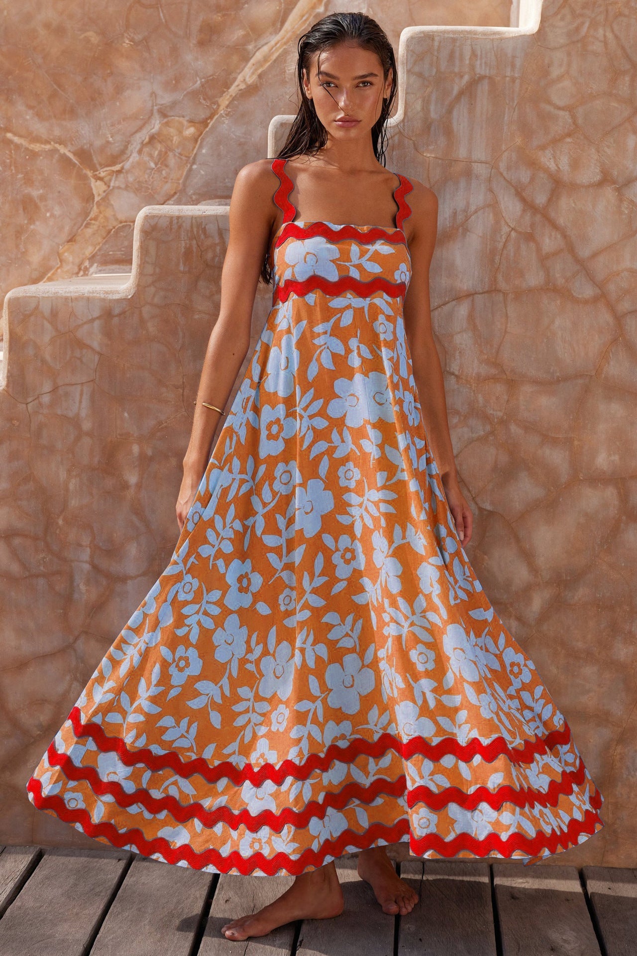 Print Color Block Sleeveless Long Dress