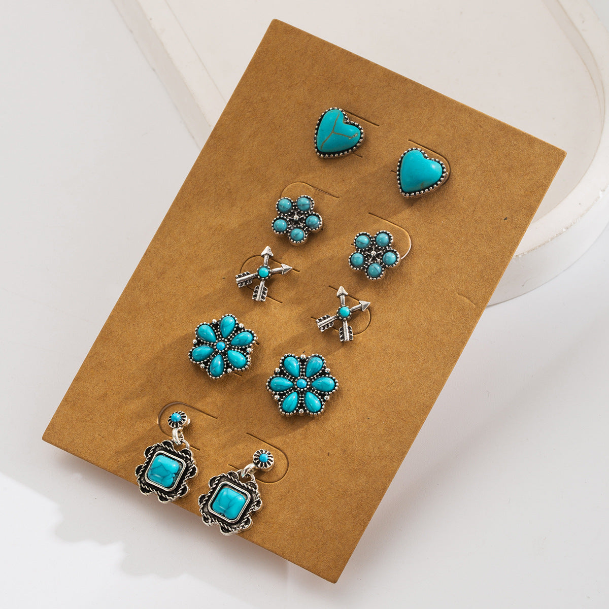 Bohemian Vintage Turquoise Earrings Set - Flower Heart Geometric Design