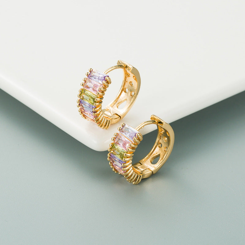 Colorful Zirconia Stud Earrings U-Shape Brass Plated with 18K Gold