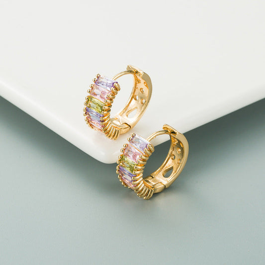 Colorful Zirconia Stud Earrings U-Shape Brass Plated with 18K Gold