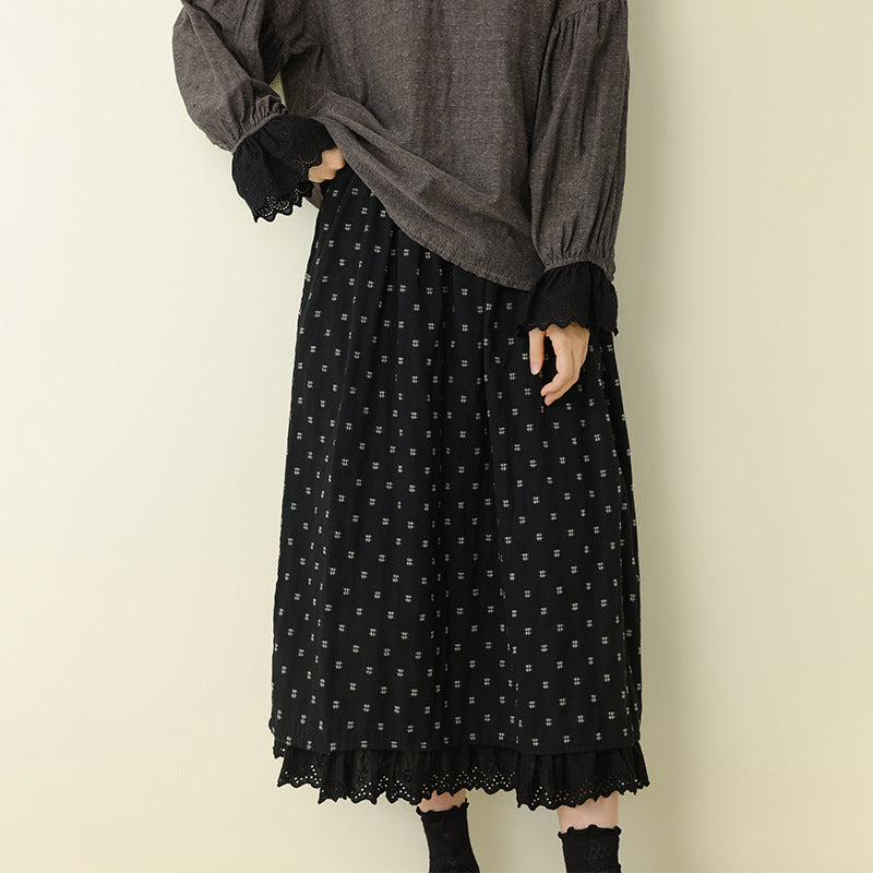 Cotton Geometric Pattern A-Line Skirt with Lace Trim