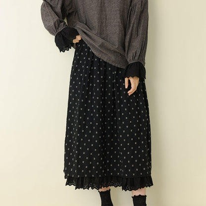 Cotton Geometric Pattern A-Line Skirt with Lace Trim
