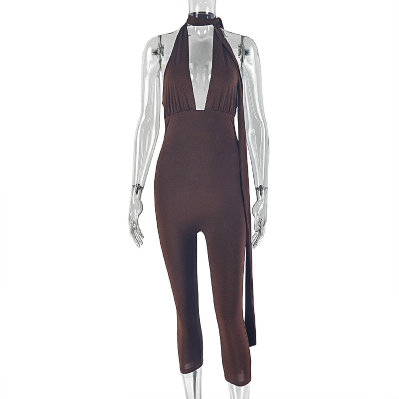 Trendy Casual Sleeveless Jumpsuit With V-Neck And Tie Detail