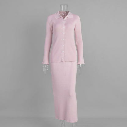 Polo Neck Long Sleeve Cardigan Skirt Set Casual Knitted Sweater