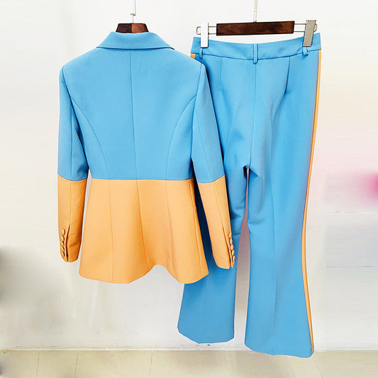 Color Block Blazer & Flared Pants Set