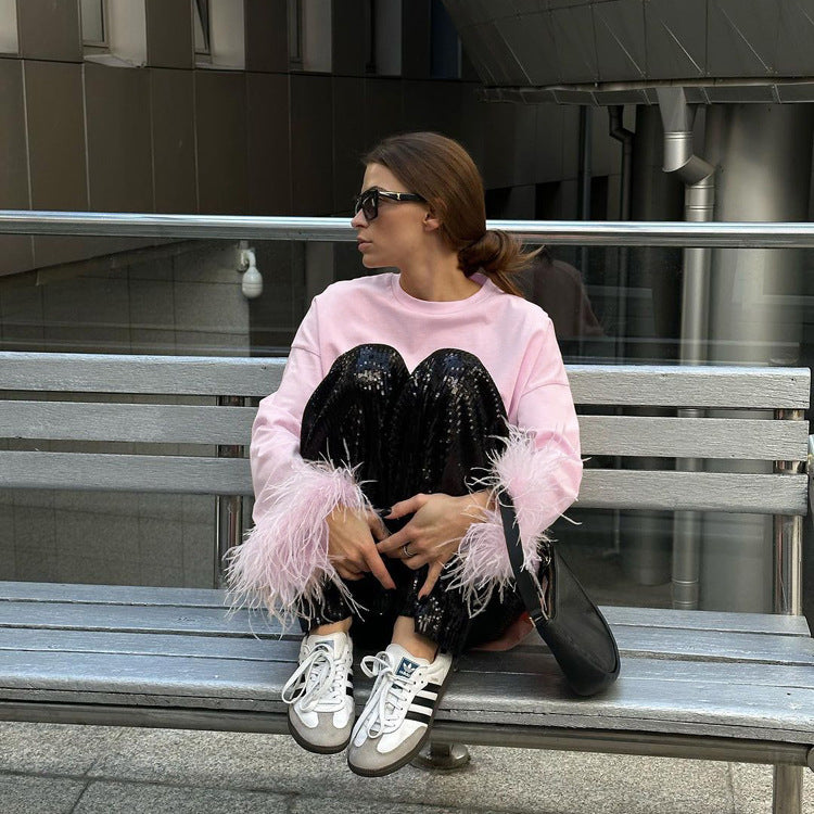 Casual Feather Detail Long Sleeve T-Shirt