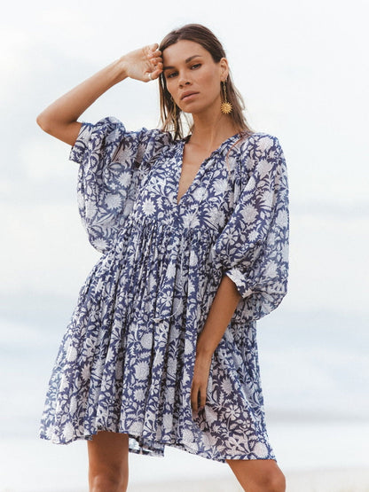 Floral Print Casual Dress with Tie Waist and Half Placket