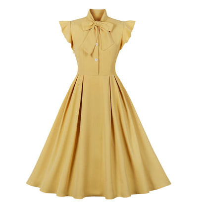 Vintage Style Ruffled Sleeve Belted Midi Dress