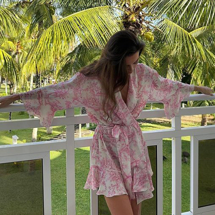 Trendy Ink-Wash Print A-Line Dress With V-Neck And Ruffled Sleeves