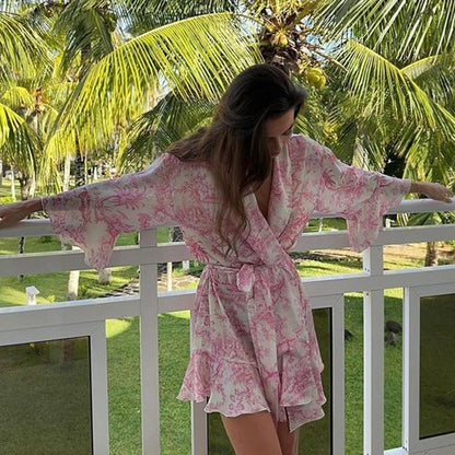 Trendy Ink-Wash Print A-Line Dress With V-Neck And Ruffled Sleeves