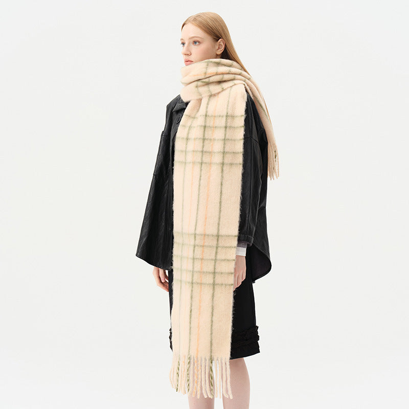 Macaron Color Fringed Check Scarf Soft Wool Blend Shawl
