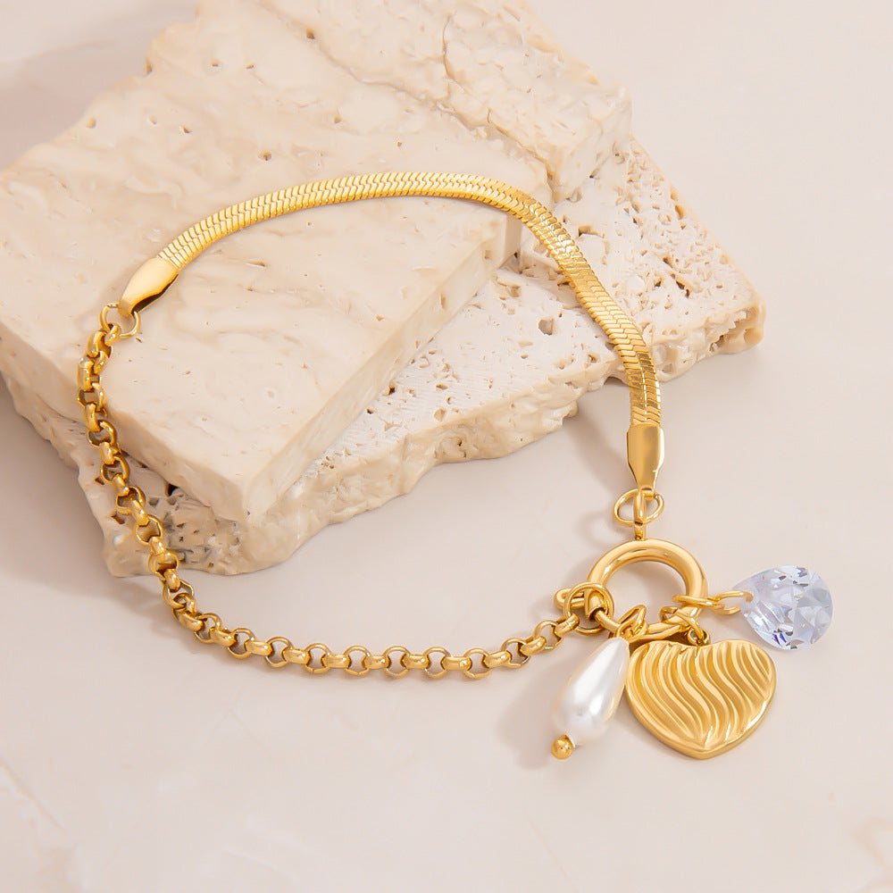 Stainless Steel Pearl Heart Pendant Bracelet Handcrafted DIY 18K Gold Plated Fashion Jewelry