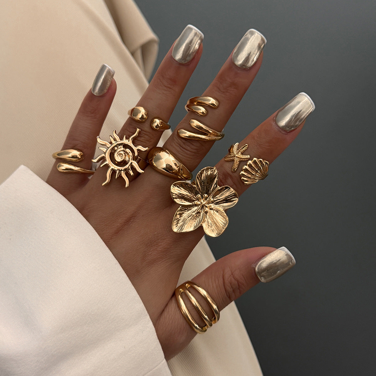 Shell And Flower Ring Set Elegant Metal Fashion Jewelry