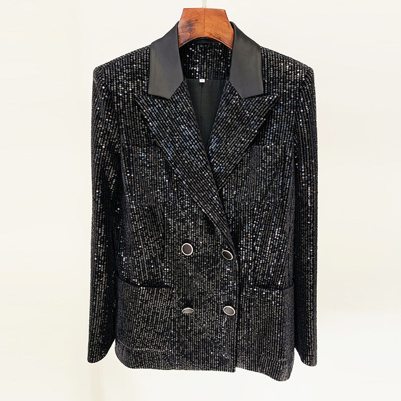 Fashionable Velvet Sequin Double-Breasted Blazer And Flared Pants Set